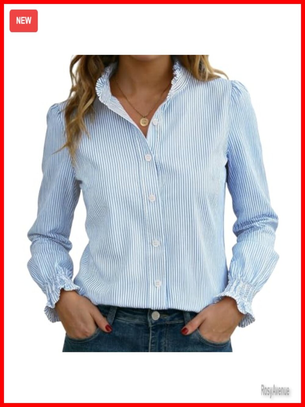 Women's Striped Button Down Shirt Long Sleeve Smocked Ruffle Collar Blouse